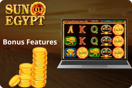 Sun of Egypt slot – Bonus Features screen with stacked gold coins, flaming wilds and multiple win values