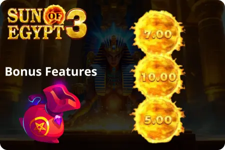Bonus Features screen with flaming sun symbols (7.00, 10.00, 5.00)