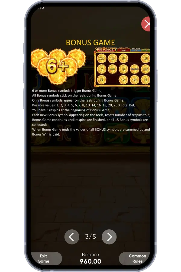 Sun of Egypt slot – Bonus Game rules screen explaining how 6+ sun symbols trigger the hold-and-win feature