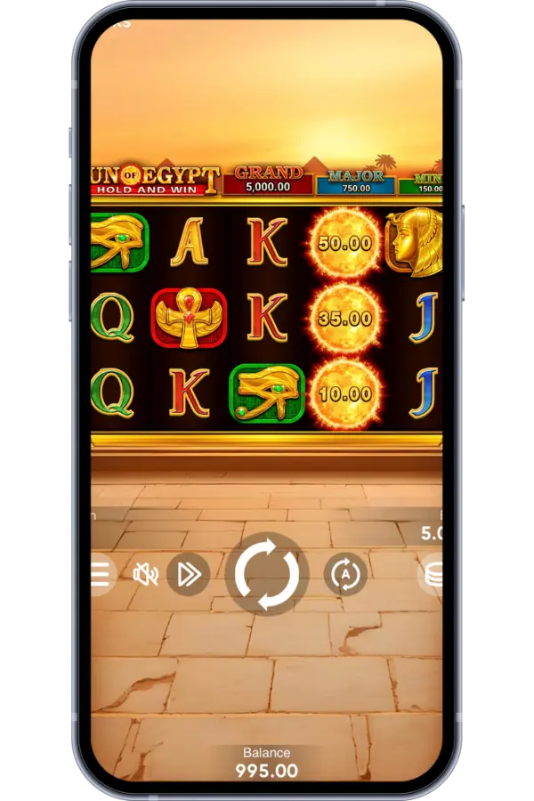 Sun of Egypt slot – bonus game with flaming sun symbols showing 50.00, 35.00 and 10.00 wins