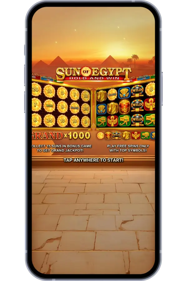 Sun of Egypt slot – bonus game intro screen with Grand x1000 jackpot and 'Tap anywhere to start
