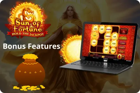 Sun of Fortune: Hold the Jackpot – Bonus Features promo with dragon logo, golden pot of coins and jackpot prize ladder
