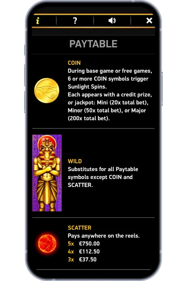Sun of Ra scatter symbols triggering free spins bonus