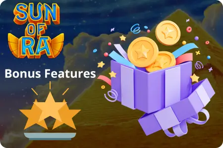 Sun of Ra slot – Bonus Features promo with exploding gift box, golden coins and three glowing stars